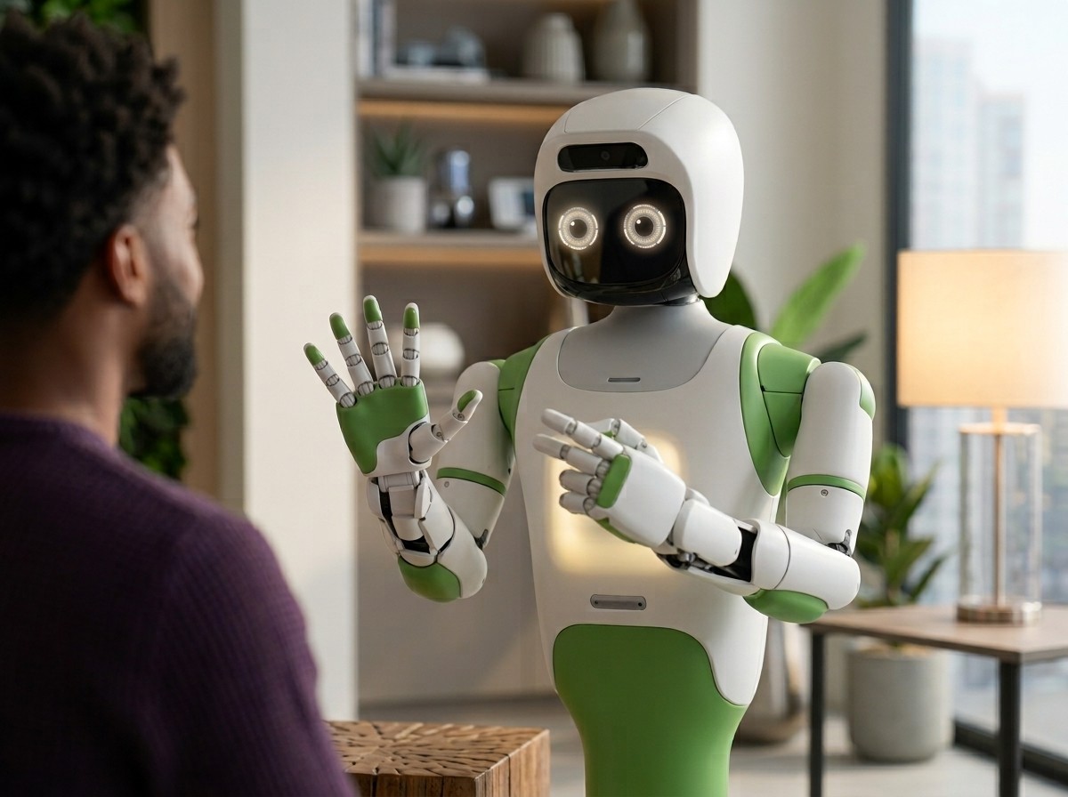 Seen over a man's shoulder, KOKO faces him from the waist up, both hands raised with fingers spread, its face display showing two round glowing eyes.