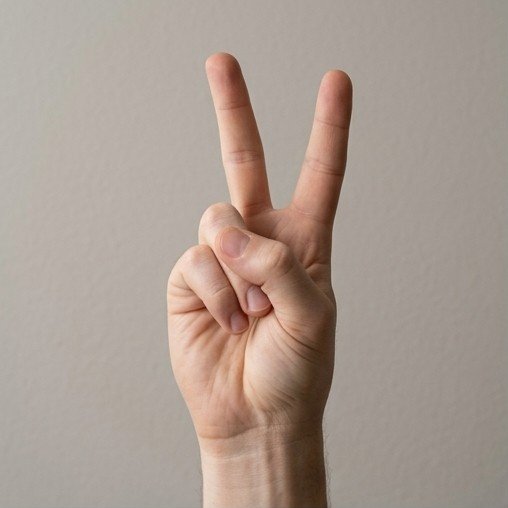A human hand fingerspelling the letter K